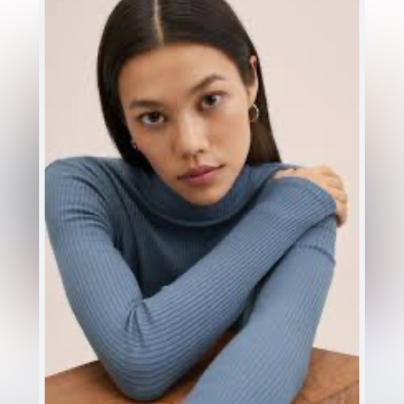 MANGO Women’s High Collar Blue Long Ribbed Sweater Size Small - Picture 3 of 9